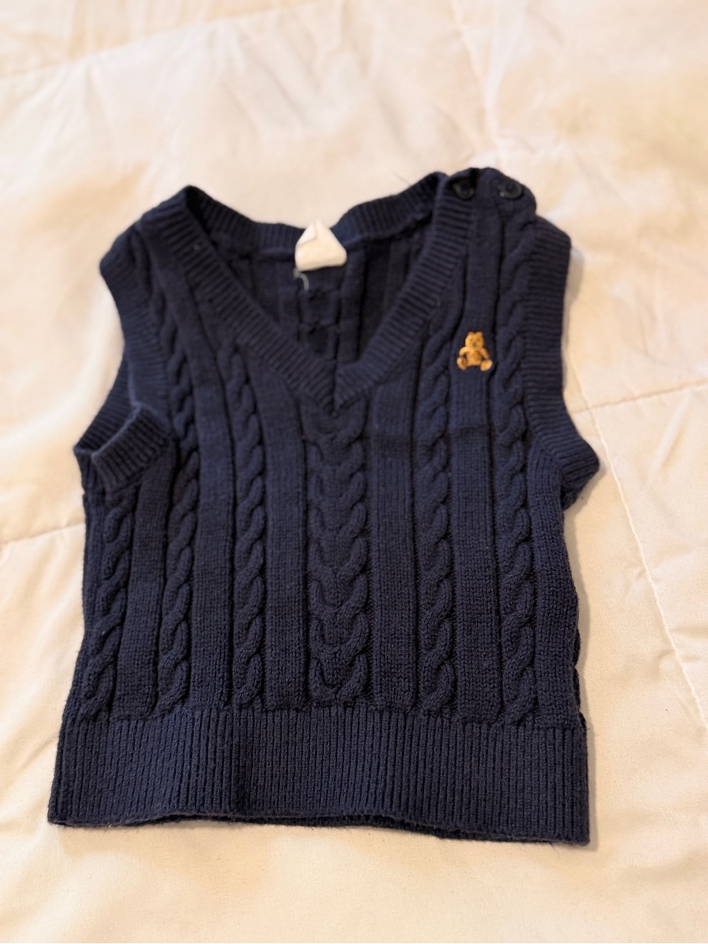 GAP Navy Cable Knit V-Neck Sweater Vest with Teddy Patch